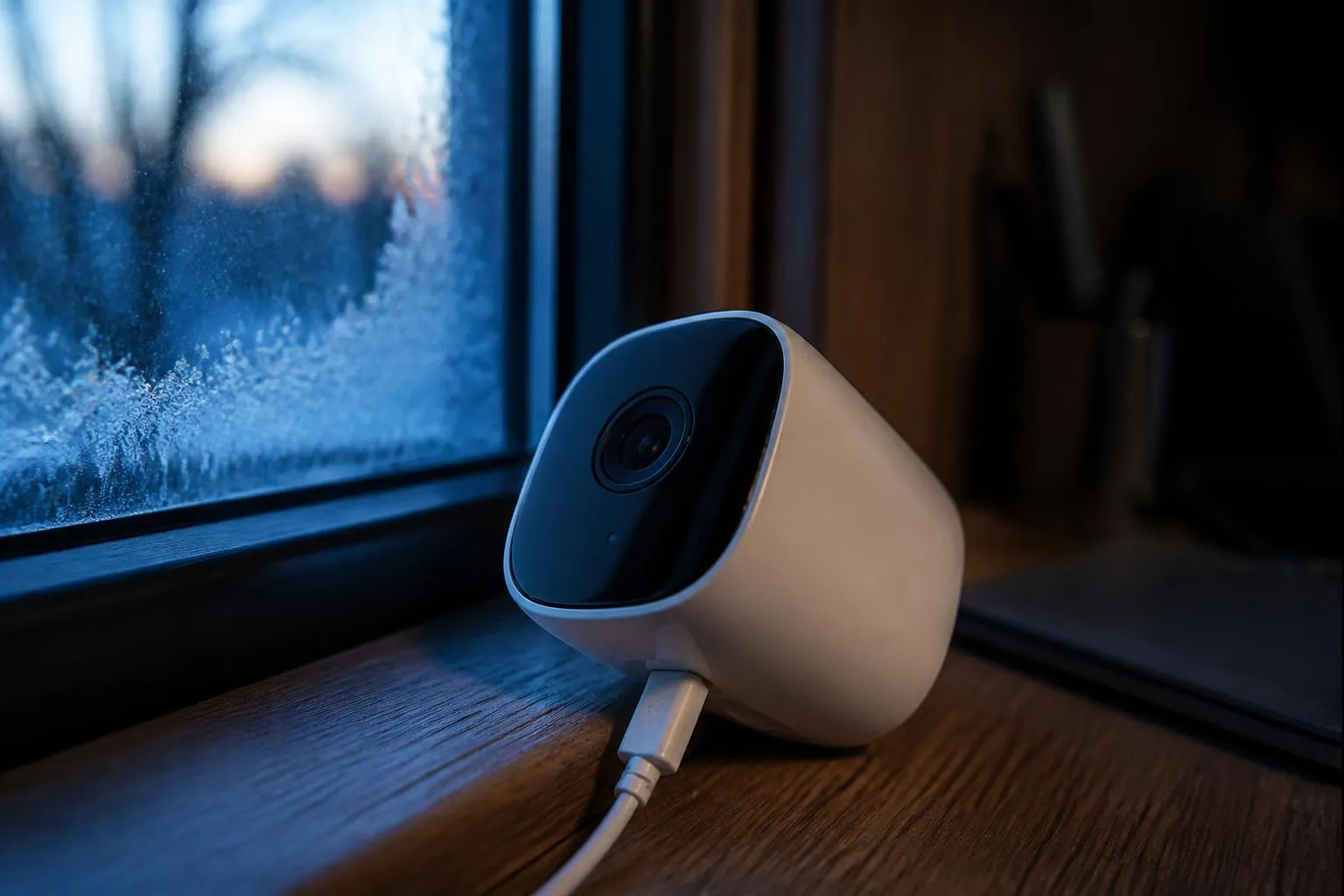Une caméra de surveillance sans fil décrochée de son support, son câble de charge branché, sur un rebord de fenêtre au crépuscule