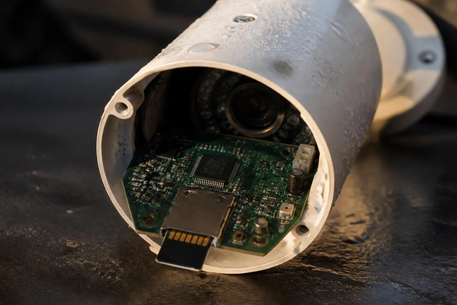 Logement microSD ouvert sous le capot d'une caméra de surveillance extérieure, carte à demi sortie, dans une lumière de fin de journée