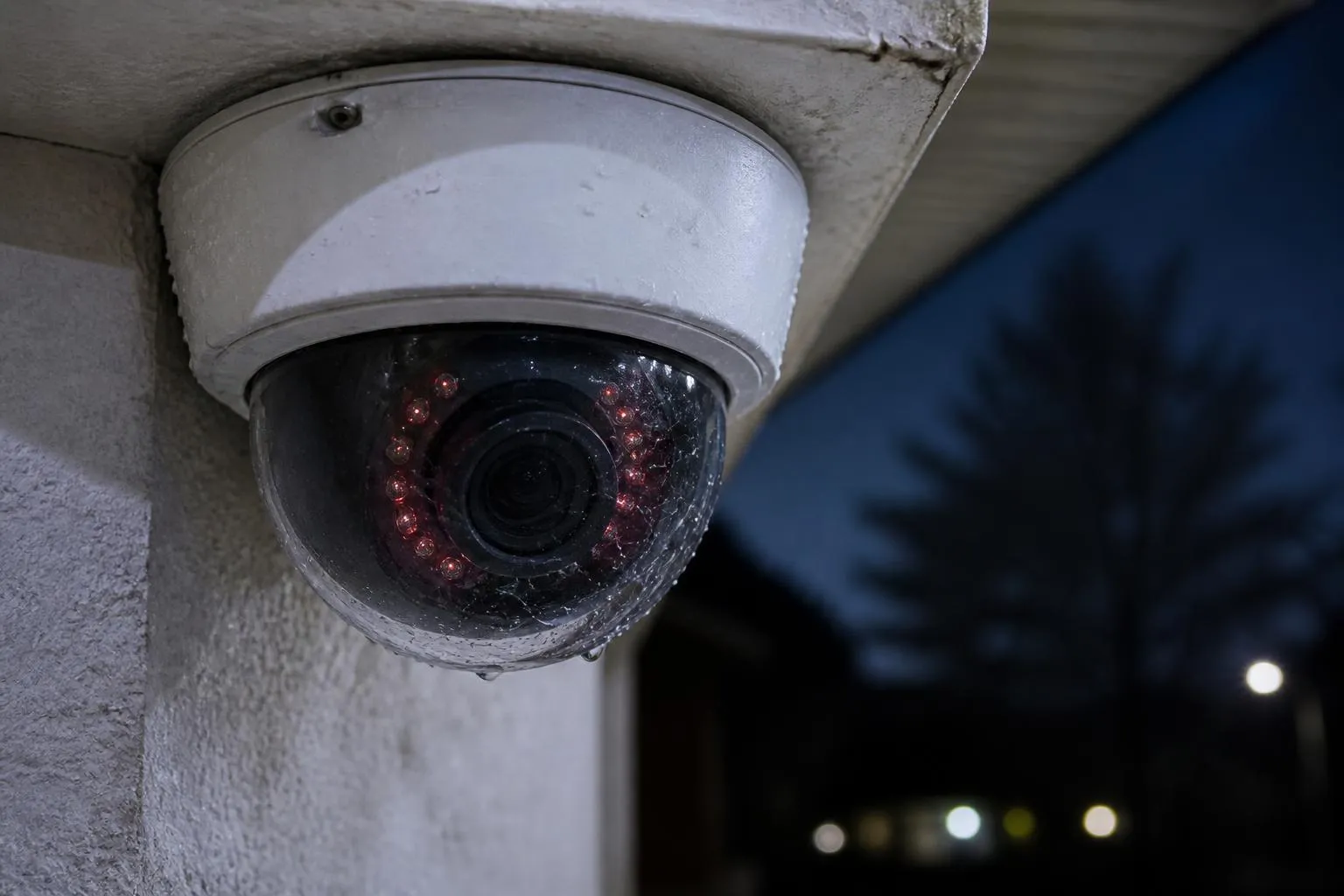 Caméra de surveillance extérieure fixée sous un débord de toit la nuit, couronne de LED infrarouges allumée, toile d'araignée tendue en travers de l'objectif