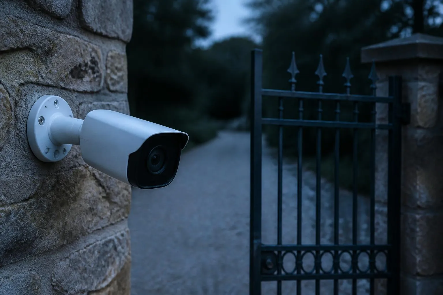 Une caméra de surveillance fixée sur un mur de clôture, orientée vers un portail, à la tombée du jour