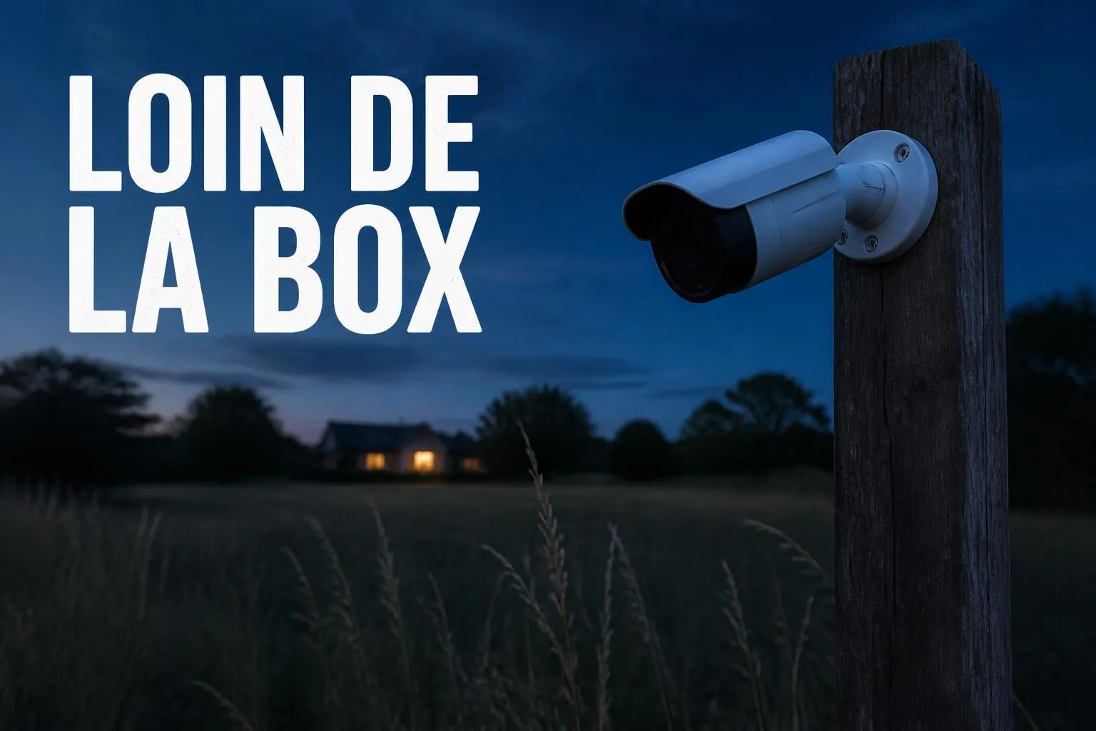 Une caméra de surveillance blanche vissée sur un poteau en bois, au fond d'un jardin, à la tombée du jour, avec la maison éclairée au loin