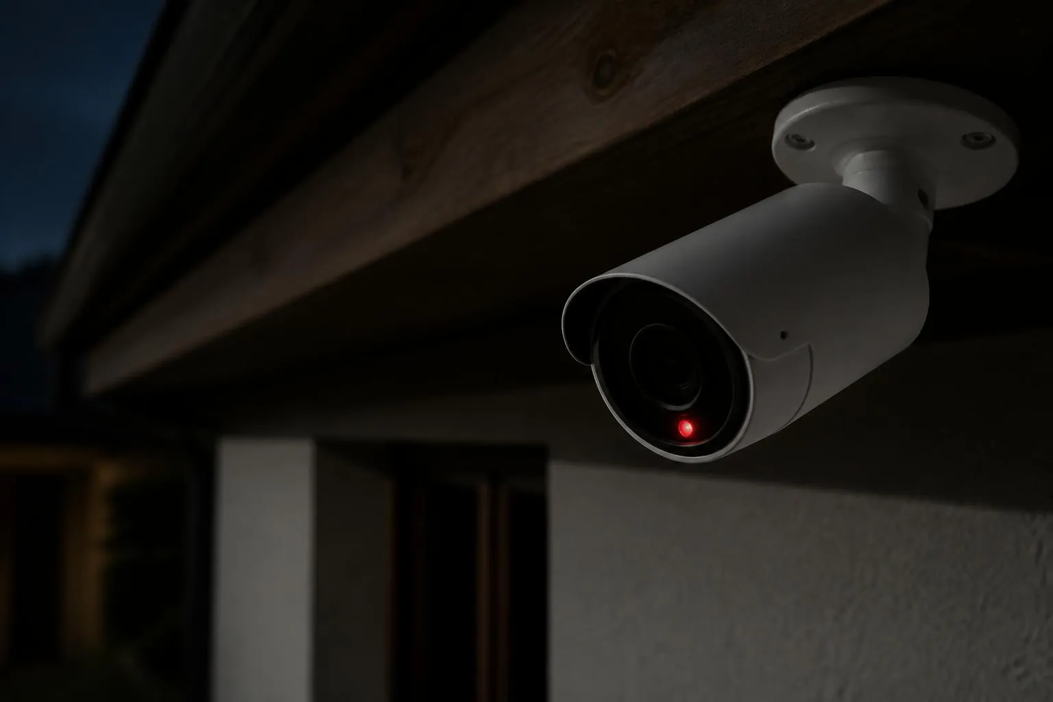 Une caméra de surveillance extérieure fixée sous un avant-toit, sa diode d'état allumée en rouge dans l'obscurité