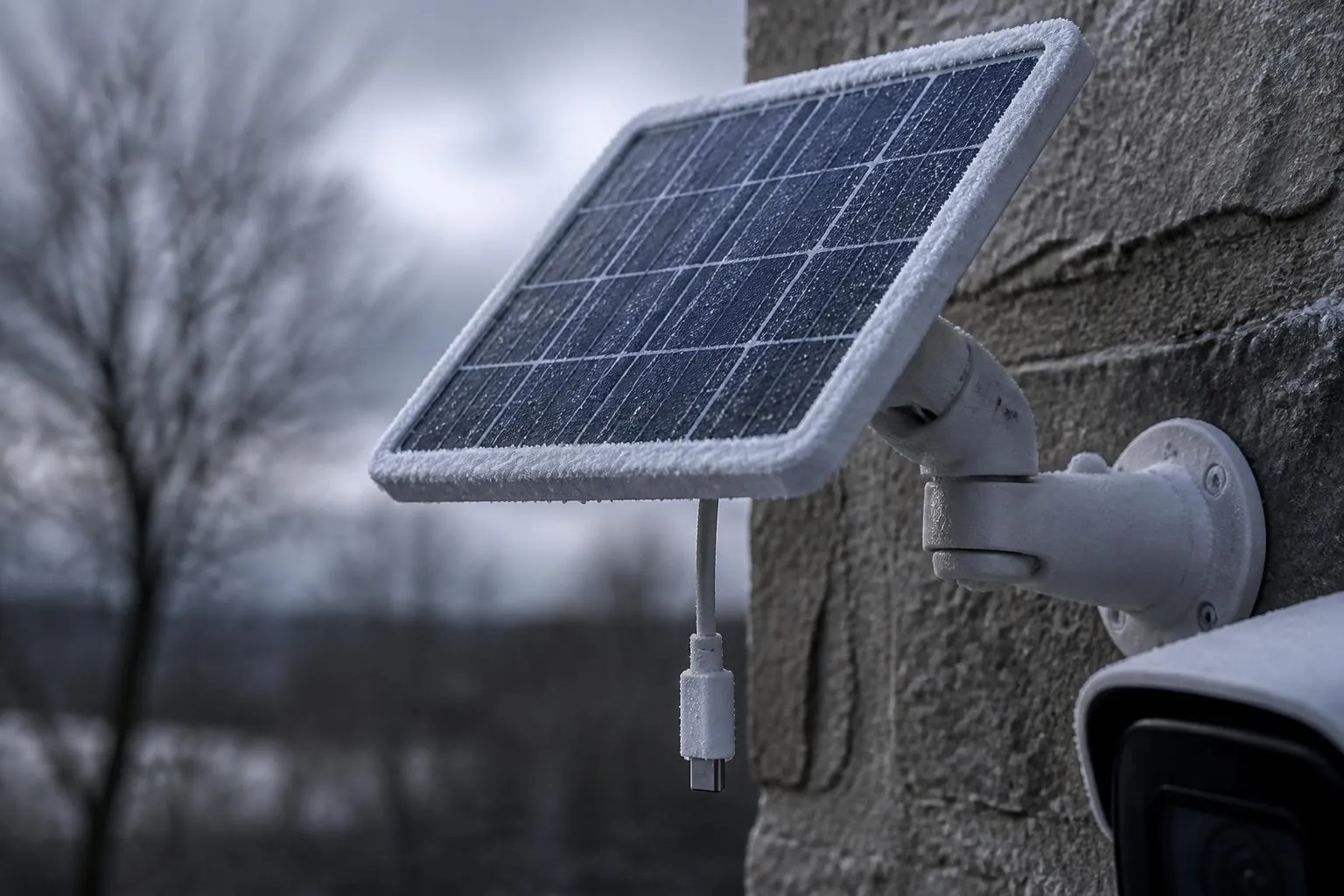 Panneau solaire de caméra de surveillance fixé sur une façade en pierre, couvert de givre, sous un ciel bas de décembre