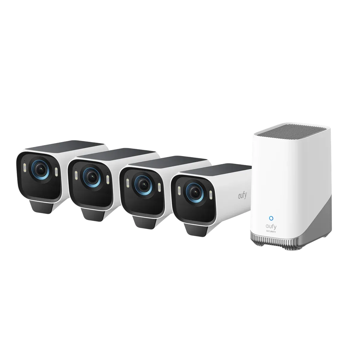 Les quatre caméras blanches eufyCam S3 Pro alignées, panneau solaire sur le dessus, à côté de la HomeBase 3