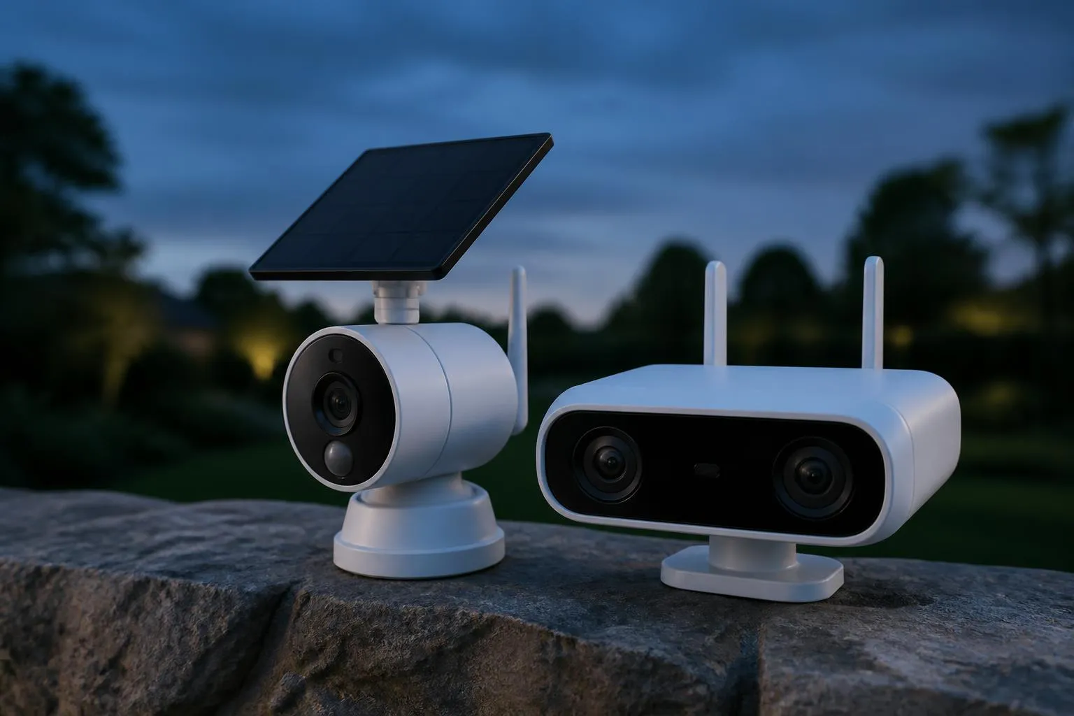 Deux caméras de surveillance sans fil posées côte à côte sur un muret de pierre au crépuscule, l'une surmontée d'un petit panneau solaire, l'autre à deux objectifs alignés