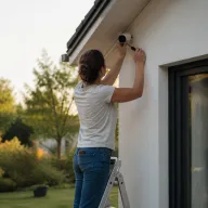 Élise, sur un escabeau, fixe une caméra de surveillance sur la façade de sa maison, jardin au fond, en fin de journée